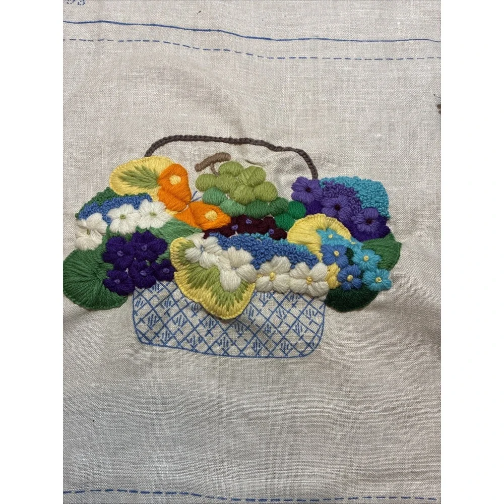 VTG WIP Pauline Dunham Crewel Embroidery Folk ART Flower Basket 14x15 Unfinished